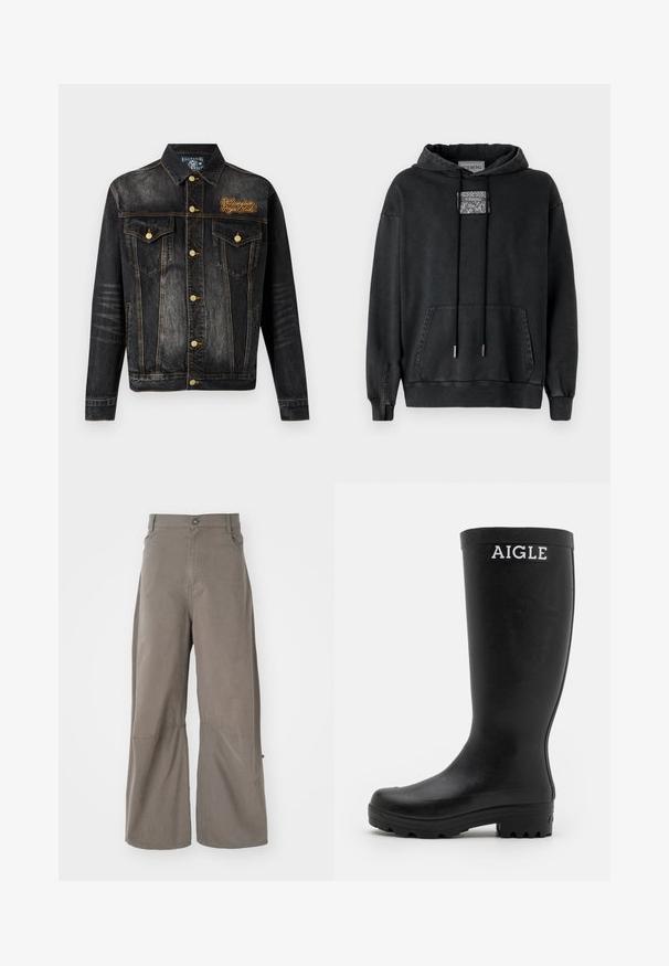Denimjakke i mørk vask med falmede områder, knappelukning, to brystlommer og gylden broderi med teksten "Billionaire Boys Club."; Iceberg Hættetrøje - nero; Henrik Vibskov DART PANTS - Jeans Relaxed Fit - walnut; Sorte gummistøvler med en glat overflade, høj skaft og en robust, rillet sål. Har et hvidt AIGLE-logo foran.
