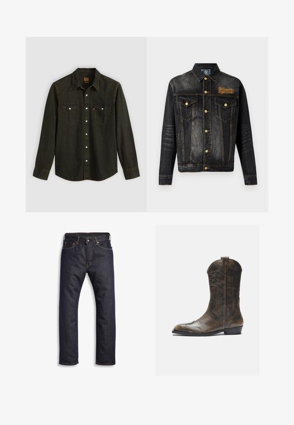 Denimjakke i mørk vask med falmede områder, knappelukning, to brystlommer og gylden broderi med teksten "Billionaire Boys Club."; Langærmet sort denimskjorte med spids krave, to brystlommer, sølvknapper og gule syninger. Klassisk western-design.; Mørkeblå denimjeans med lige snit, fem-lomme design, metalbeslag og kontrasterende orange syninger. Glat tekstur, ingen synlige mønstre.; Brune læder cowboystøvle med en høj skaft, spids tå, intrikate syning mønstre og en lille hæl. Struktureret finish hele vejen igennem.