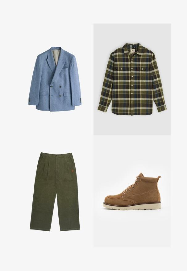 Next REGULAR FIT - TAILORED DOUBLE BREASTED - Blejzrové sako - blue; Zelená károvaná flanelová košeľa s dlhými rukávmi, obsahujúca dve náprsné vrecká a biele gombíky. Materiál má jemnú textúru a neformálny dizajn.; Olivové kordové nohavice s voľným strihom, s zapínaním na gombík, prednými skladmi a malým vyšitým logom v červenej farbe.; Hnedé semišové členkové topánky s guľatou špičkou, šnurovaním vpredu a béžovou gumovou podrážkou, so subtilnými švovými detailmi a zadným háčikom.