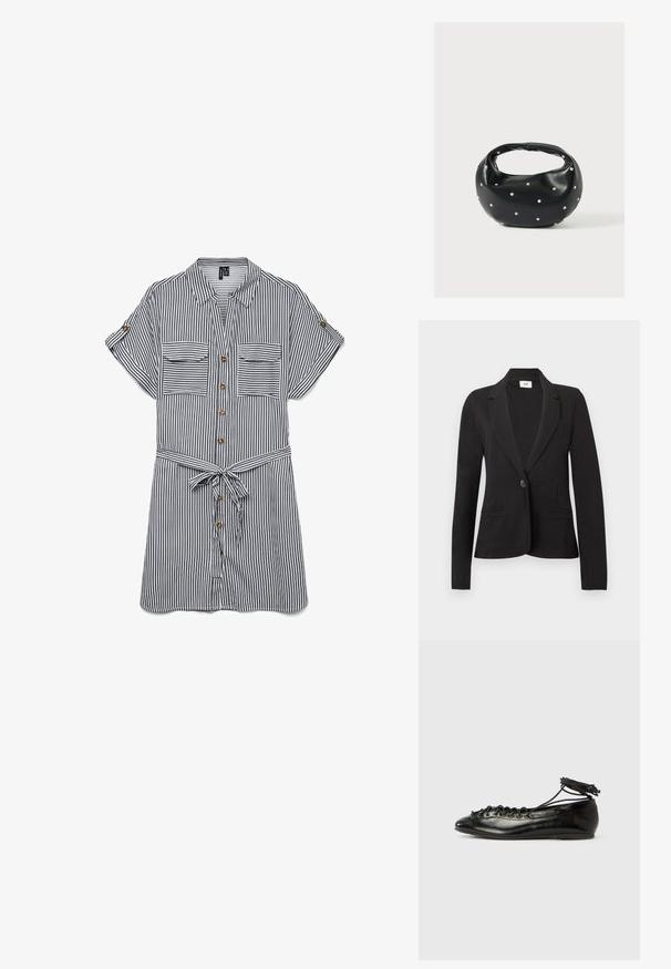 Sort enkeltknappet blazer med hakrevers og to forlommer, lange ærmer og figursyet talje.; Luftig button-up skjorte i marineblå og hvide vertikale striber. Har to brystlommer, korte ærmer og et bundet bælte i taljen.; Sorte balletflade sko i laklæder med rundet tå, snørelukning og flad sål. Glat tekstur med få detaljer.; Sort læderhåndtaske med en rundet form, dekoreret med sølvnitter, og et kort håndtag. Glat tekstur og lynlåslukning.