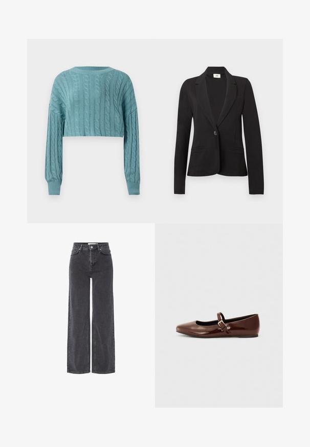 Sort enkeltknappet blazer med hakrevers og to forlommer, lange ærmer og figursyet talje.; Lyseblå cropped kabelstrik cardigan med lange ærmer og ribbede manchetter og halsudskæring på en hvid baggrund.; Højtaljede sorte denimjeans med brede ben, der har en knaplukning, bæltestropper og diskrete falmninger i stoffet.; Brun patentlæder balletflade med firkantet tå og strop med en lille guldbuckle. Glat tekstur, lav hæl og minimalistisk design.