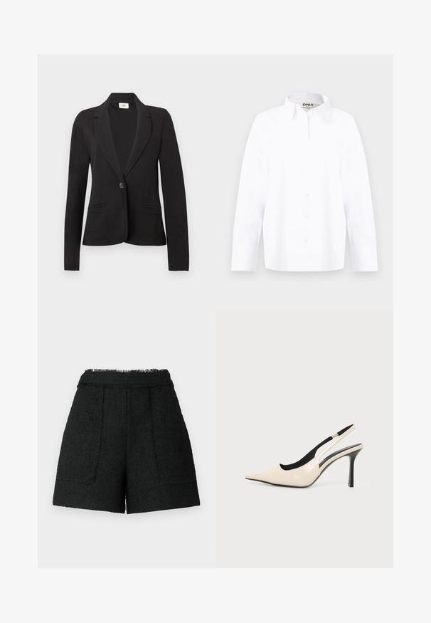 Blazer negro de un solo botón con solapas con muesca y dos bolsillos frontales de ojal, mangas largas y cintura entallada.; Camisa blanca de manga larga con botones, cuello puntiagudo, puños ajustados y etiqueta de la marca "ONLY" en el cuello, talla mediana.; Pantalones cortos negros de tela texturizada con un dobladillo deshilachado, que cuentan con dos bolsillos frontales y un ajuste entallado.; Zapato de tacón alto slingback beige con punta puntiaguda, forro interior negro y tacón de aguja negro y delgado sobre fondo blanco.