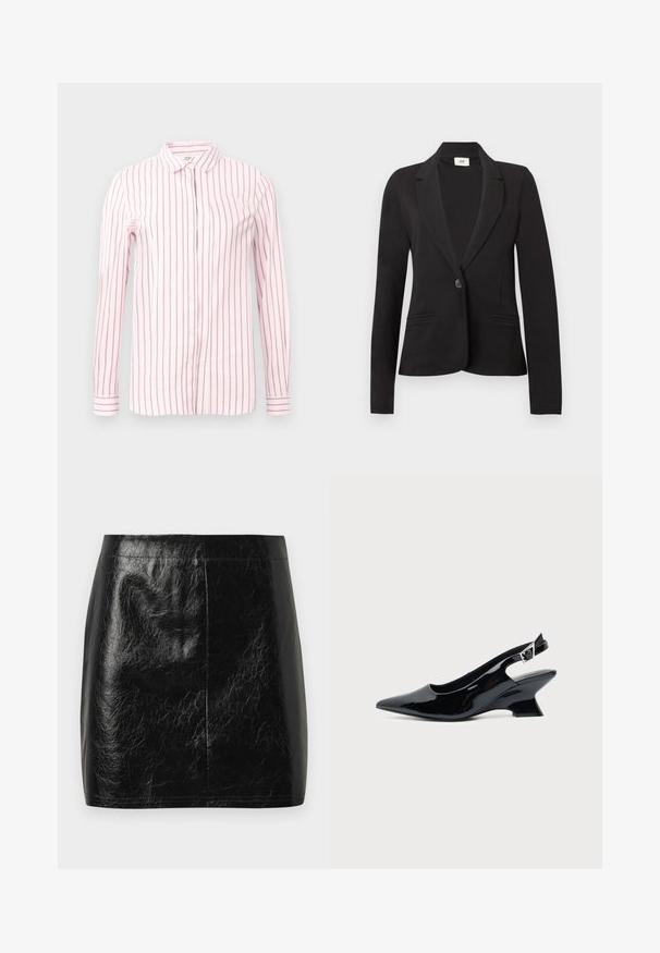 Zwarte blazer met enkele knoopsluiting, inkeping revers, twee voorste insteekzakken, lange mouwen en een getailleerde taille.; Lichtroze shirt met verticale kastanjebruine strepen, lange mouwen, knoopsluiting aan de voorkant en een klassieke kraag. Glad stof en aansluitend ontwerp.; Zwarte neplederen mini-jurk met een gladde, glanzende textuur, met een rechte snit en minimale stiksels bij de tailleband.; Zwarte lakleren slingback schoen met spitse neus en lage schuine blokhak op een effen lichte achtergrond.