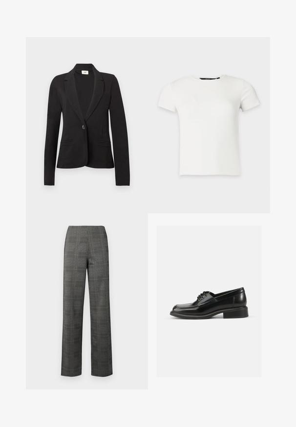 Veste noire à un bouton avec revers crantés et deux poches passepoilées à l'avant, manches longues et taille cintrée.; T-shirt blanc à manches courtes en maille côtelée avec col rond, présenté sur un fond uni gris clair.; Pantalons ajustés à carreaux avec une base grise, présentant des motifs à carreaux noirs et blancs, une taille haute et une coupe droite. Texture lisse.; Chaussure habillée en cuir noir avec une texture lisse, bout rond, laçage à deux œillets et un talon carré solide. Design simple sans motifs.