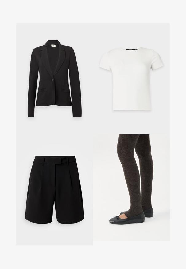 Sort enkeltknappet blazer med hakrevers og to forlommer, lange ærmer og figursyet talje.; Hvid kortærmet ribstrikket t-shirt med rund halsudskæring, vist på en ensartet lys grå baggrund.; Sorte skræddersyede shorts lavet af glat stof, med høj talje, folder, bæltestropper og sidelommer, med et rent design.; Ben iført mørke ribbede leggings kombineret med sorte balletsko med små sløjfedetaljer på hvid baggrund.