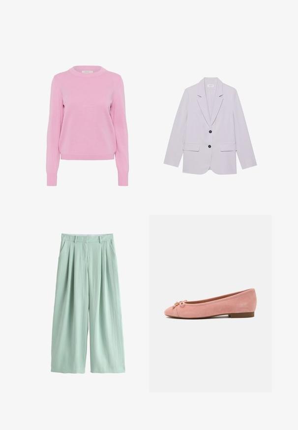 Blazer de color púrpura claro con solapa de pico, dos bolsillos frontales y dos botones negros. Fabricado con una tela suave y con un corte entallado.; Suéter de punto rosa claro con cuello redondo, mangas largas y puños y bajo acanalados. Presenta una textura suave y un corte clásico.; Pantalones ancho de pierna en verde claro con tiro alto, pliegues delanteros, trabillas para cinturón y bolsillos laterales, mostrados sobre un fondo blanco.; Bailarina de ante rosa suave con lazo pequeño y detalle dorado en la punta redondeada, tacón bajo y suela lisa.