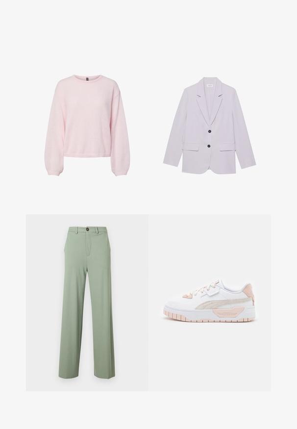 Blazer de color púrpura claro con solapa de pico, dos bolsillos frontales y dos botones negros. Fabricado con una tela suave y con un corte entallado.; Suéter de punto rosa claro con mangas largas abullonadas, puños acanalados, cuello redondo y dobladillo ligeramente corto.; Pantalones de pierna recta de color verde claro con trabillas para cinturón, bolsillos laterales y cierre de botón en la pretina.; Zapatillas blancas con acentos rosas. Parte superior de material sintético suave, franjas laterales texturizadas, puntera redonda, suela de goma plana y cierre con cordones.