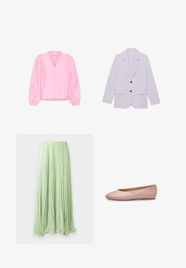 Lys lilla blazer med klippekrave, to forlommer og to sorte knapper. Fremstillet af et glat stof med en skræddersyet pasform.; Lyserød bluse med lange, puffede ærmer og V-halsudskæring. Lavet af letvægtsstof med en glat tekstur og en løs pasform.; Lys grøn plisseret lang skirt lavet af let stof med elastisk talje, præsenteret mod en hvid baggrund.; Lyserød ballerina i læder med spids tå, glat tekstur, få detaljer og en solid lys brun sål. Enkelt design uden pynt.