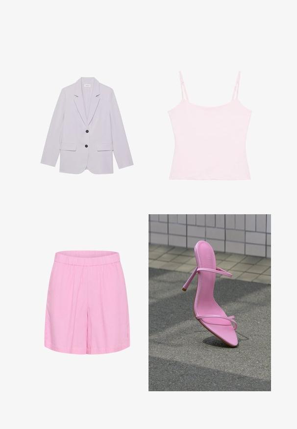 Lys lilla blazer med klippekrave, to forlommer og to sorte knapper. Fremstillet af et glat stof med en skræddersyet pasform.; Lyserød ærmeløs camisole top med tynde justerbare skulderstropper på en hvid baggrund.; Lyserøde bomulds shorts med elastisk talje, som har en afslappet pasform og en glat tekstur, velegnede til afslappet brug.; Pink højhælet sandal med tynde stropper, stående opret på asfalt overflade mod en væg af fliser.