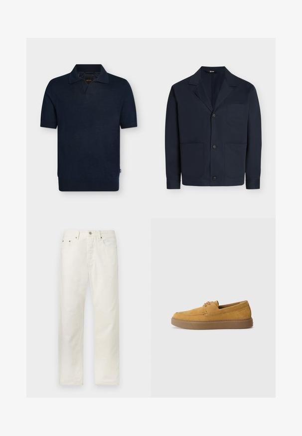 Blazer bleu marine foncé avec col cranté, trois boutons devant et trois poches plaquées – une poitrine, deux en bas devant.; Polo bleu marine foncé à manches courtes avec un col côtelé, un ourlet côtelé et une petite étiquette sur la couture latérale.; Jean droit couleur écru avec cinq poches, fermeture à boutons et passants pour ceinture, présenté à plat sur un fond blanc.; Chaussures slip-on en suède marron avec une finition texturée, un bout rond et une semelle en caoutchouc contrastante. Présente une marque discrète près du talon.