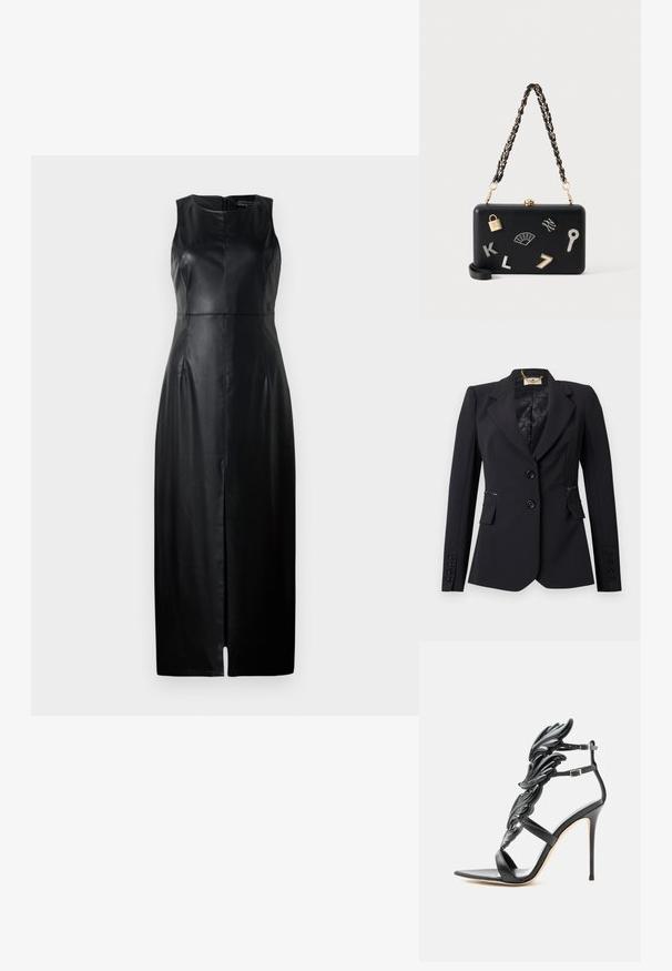 Blazer negro de mujer hecho a medida con dos botones delanteros, bolsillos con solapa, solapas con muesca y forro interior de satén con detalle de cadena en el cuello.; Vestido negro sin mangas de cuero, con un diseño ajustado, corte a la altura de la rodilla y una sutil abertura frontal. Detalle de cierre de cremallera en la parte posterior.; Sandalia negra de tacón alto con elementos decorativos brillantes en forma de ala y doble correa en el tobillo con hebillas plateadas.; Bolso rectangular negro con colgantes decorativos dorados y plateados, incluyendo un candado, llave, abanico, letras y el número siete, con una correa de cadena negra y dorada.