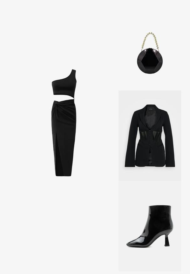 Even&Odd by Zalando Blazer - black; Zwart twee-delig outfit met een één-schouder crop top en hoge taille rok met een gedraaide detail en een zijsplit. Glad materiaal.; Zwarte glanzende lakleren enkellaars met spitse neus en uitlopende middelhoge hak op witte achtergrond.; Glanzende zwarte ronde handtas met hexagonaal patroon en korte handgreep gemaakt van grote gouden kralen.