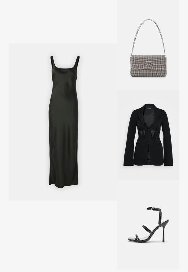 Even&Odd Bleiser - black; Samsøe Samsøe SUNNA DRESS - Maksikleit - black; Mustad nahast kõrge kontsaga sandaalid, millel on kolm horisontaalset rihma ja reguleeritav pahkluuri rihm. Sleek siluett ja läikiv viimistlus.; Helehall metallik handbags, millel on kett, kaunistatud väikeste ümmarguste metallist õmblustega ja kolmnurkse brändi logoga.