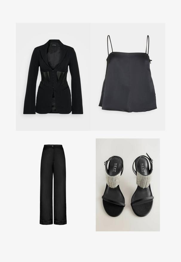 Even&Odd Blazer - black; House of Dagmar SHINY STRAP TOP - Top - dark navy; Sorte, højtaljede bukser med vidde i benene, frontlukning med knapper og opslag ved buksebenene, glat stof uden synlige lommer eller mønstre.; Sorte højhælede sandaler med en bred perlebesat rem omkring anklen, der har en glat sål og en slank tårem. Perlerne tilføjer tekstur.