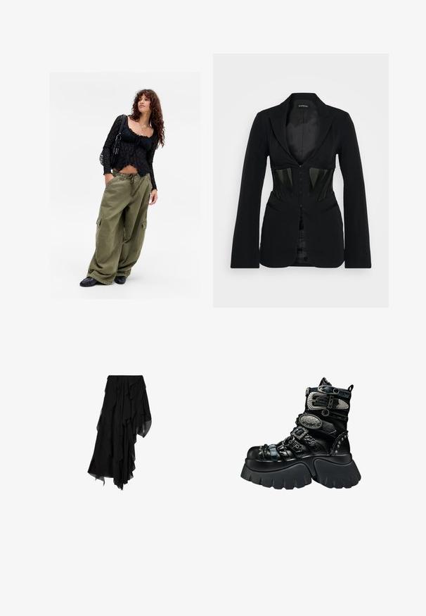 Even&Odd Blazer - black; Ung kvinde med krøllet hår iført en sort blondetop, lagdelte halskæder, overdimensionerede olivenfarvede cargo-bukser, sorte sko og bærende en sort skuldertaske.; Sort asymmetrisk nederdel med lagdelt, flydende chiffonstof, der skaber en flæset, ujævn kant.; Sort platformstøvle med chunky sål, flere teksturerede remme, sølvspænder, dekorative metal accenter og nitte detaljer.
