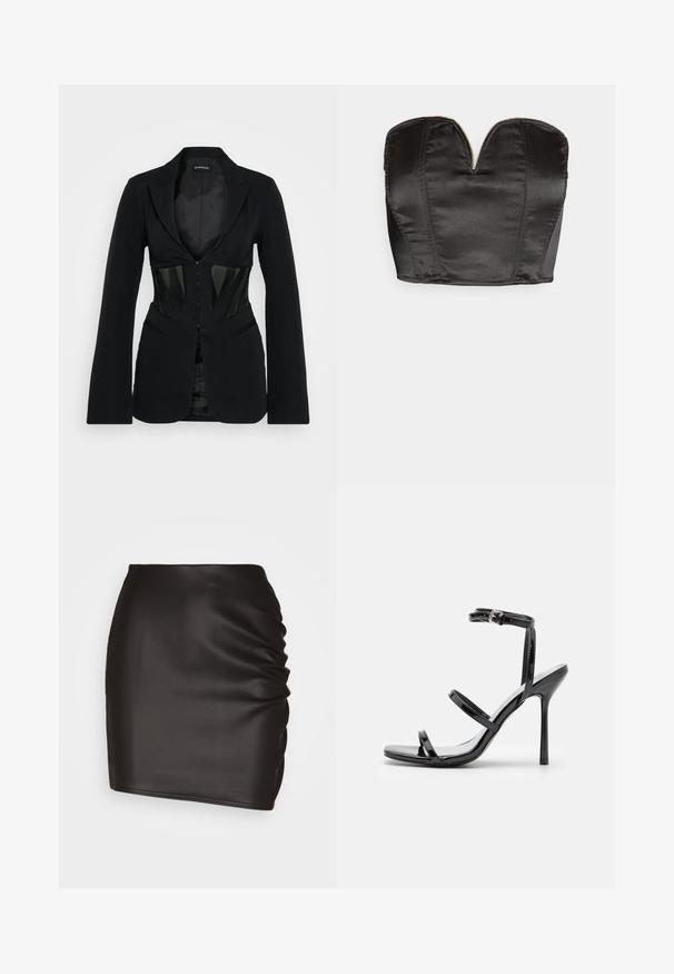 Even&Odd Blazer - black; Vero Moda VMSALLY CROPPED SIMILI CORSAGE - Top - black; Sort mini skirt lavet af glat syntetisk materiale, med rynket detaljer på den ene side og en tætsiddende silhuet.; Sorte patentlæder højhælede sandaler med tre horisontale stropper og en justerbar ankelstrop. Elegant silhuet og skinnende finish.