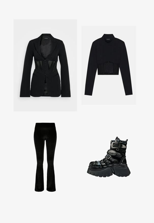 Even&Odd Blazer - black; Top corto negro de manga larga con cuello alto, panel de malla transparente en la cintura y costuras estructuradas para un diseño ajustado.; Pantalones acampanados negros en tejido suave de terciopelo. Cintura alta y textura lisa. El diseño presenta un corte acampanado desde la rodilla hacia abajo.; Bota negra de plataforma con suela gruesa, múltiples correas texturizadas, hebillas plateadas, detalles decorativos metálicos y detalles con tachuelas.