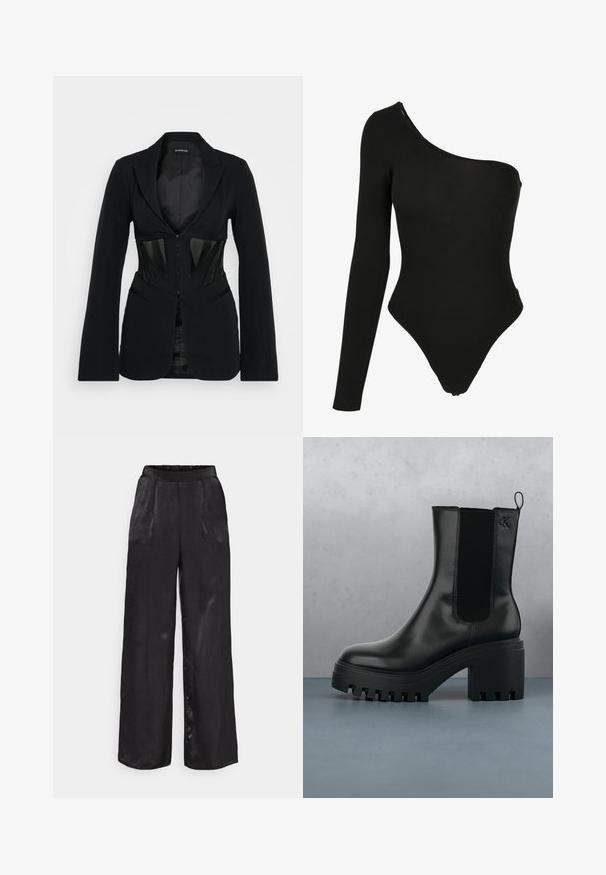 Even&Odd by Zalando Blazer - black; Zwart een-schouder bodysuit gemaakt van rekbare stof, met een lange mouw aan één kant, hoge beenopeningen en een aansluitende silhouet.; Brede zwarte broek met een gladde, satijnen textuur. Voorzien van een elastische tailleband en twee voorzakken. Tailored plooien verbeteren het ontwerp.; Zwarte lederen enkelboot met ronde neus, chunky plateauzool en mesh zijaccenten. Voorzien van een trekband voor gemakkelijk aan- en uittrekken.
