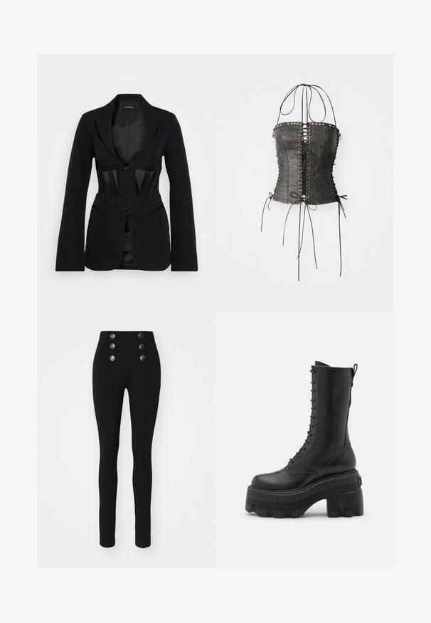 Even&Odd by Zalando Blazer - black; Jaded London LONGLINE LACE UP HALTER CORSET - Débardeur - black; ONLY ONLNORI LEGGING - Legging (type pantalon) - black; Bottines en cuir noir à lacets avec une semelle plateforme haute, présentant un bout rond, une fermeture éclair latérale et une semelle texturée pour une meilleure adhérence.