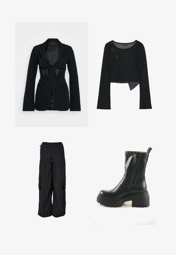 Even&Odd by Zalando Σακάκι - black; Μαύρο μακρυμάνικο cropped τοπ από ελαφρύ, διαφανές ύφασμα. Διαθέτει στρογγυλή λαιμόκοψη και ασύμμετρο στρίφωμα με ελαφριά υφή.; Μαύρο παντελόνι cargo με φαρδιά πόδια, ελαστική μέση, πλαϊνές τσέπες με καπάκι και ρυθμιζόμενα κορδόνια στη μέση και στο τελείωμα.; Μαύρες δερμάτινες μπότες ankle με διπλούς φερμουάρ, χοντρές σόλες και υφασμάτινη εξωτερική σόλα από καουτσούκ. Διαθέτουν θηλιά στο πίσω μέρος για εύκολη χρήση.