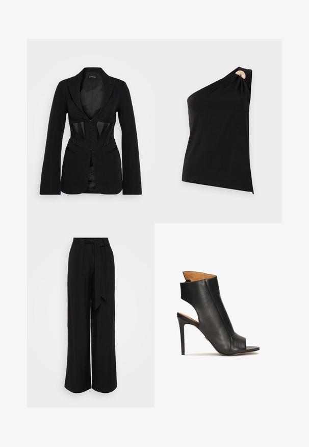 Even&Odd Blazer - black; Schwarzes ärmelloses Ein-Schulter-Top mit goldenem runden Schnallendetail am Träger, glatter Stoff, taillierte Silhouette.; Schwarze, weit geschnittene Hose aus glattem Stoff, mit hoher Taille, einem Bindegürtel und Falten für einen maßgeschneiderten Look.; Schwarze Leder-Sandaletten mit hohem Absatz, offen an der Zehe und mit ausgeschnittenem Design. Verfügt über einen Stiletto-Absatz und einen konturierten Knöchelbereich.