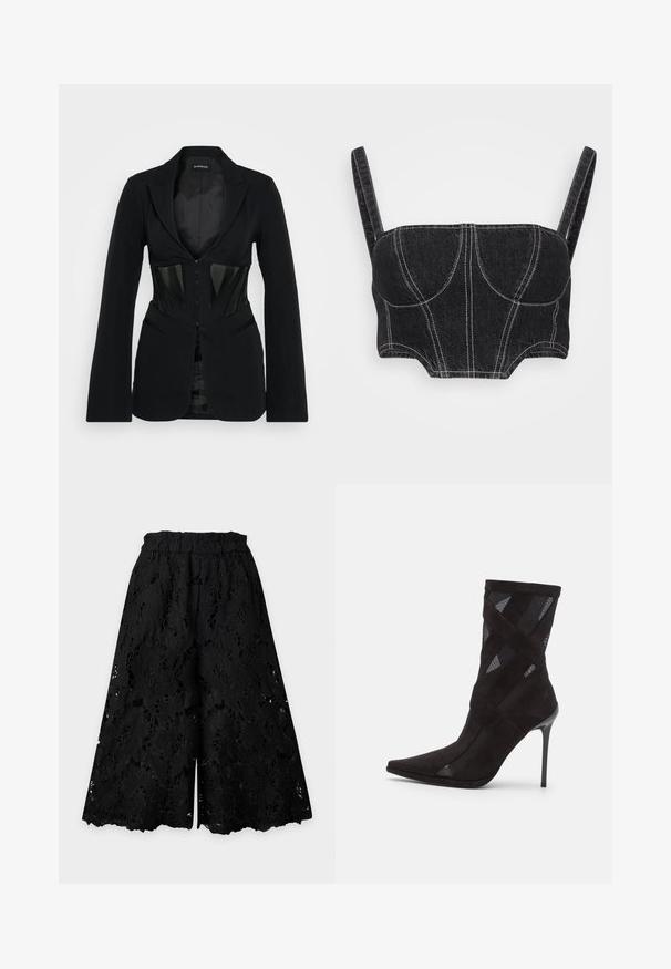 Even&Odd by Zalando Blazer - black; Top court en denim noir avec bretelles fines, présentant des coutures blanches, un buste structuré et des coutures courbées. Texture lisse et design ajusté.; Pantalon culotte noir à jambes larges avec une superposition de dentelle florale délicate et un ourlet festonné.; Jeffrey Campbell STRIPES - Bottines - black