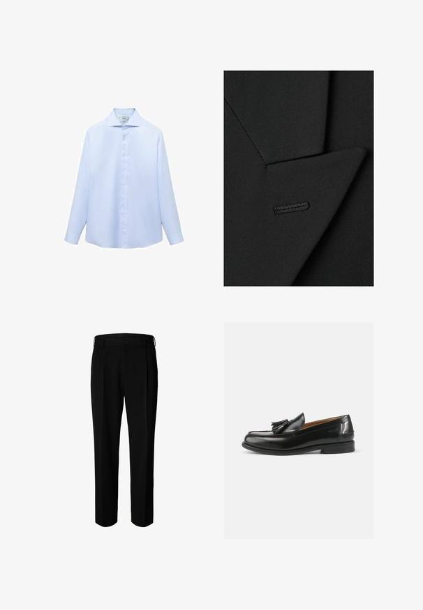 Primer plano de la solapa de una chaqueta de traje negra con costuras visibles en el ojete sobre tela texturizada.; Camisa de manga larga azul clara en un tejido suave, con cuello puntiagudo y botonera completa con botones blancos. Sin estampados ni acentos.; Pantalones formales negros con trabillas para cinturón, botón frontal y cierre de cremallera, mostrados sobre fondo blanco.; Mocasines de cuero negro con un acento de borlas, punta redondeada y un acabado suave. La suela es plana con un patrón de relieve mínimo.