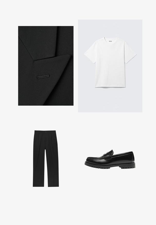 Gros plan sur le revers d'une veste de costume noire avec des coutures visibles des boutonnières sur un tissu texturé.; T-shirt blanc à manches courtes et col rond, étalé à plat, design uni, avec l'étiquette "WEEKDAY" à l'intérieur du col sur un fond clair.; Pantalons noirs au design droit, fabriqués à partir d'un tissu lisse. Dotés de plis sur le devant et d'une fermeture à un bouton à la taille.; Mocassin en cuir noir avec une semelle en caoutchouc épaisse et un détail classique de bride à monnaie, vu de côté extérieur.
