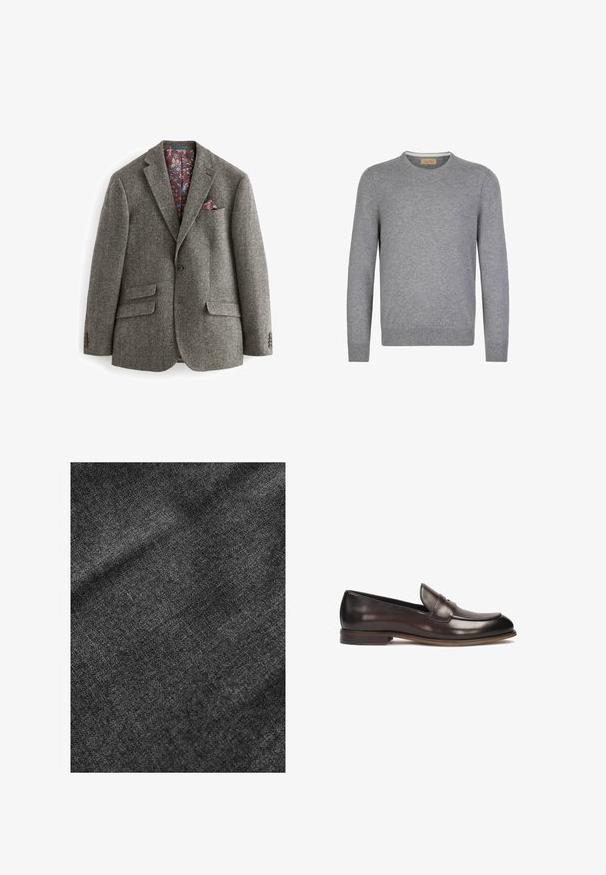 Grijze visgraat blazer met twee frontzakken, een enkele knoopsluiting en een bloemenpatroon in bordeauxrood aan de binnenkant, voorzien van een zakdoek.; Grijze lange mouwen trui van een zachte gebreide stof. Ronde halslijn, geribde manchetten en zoom, met een eenvoudig en strak ontwerp.; Geweven zwarte stof met een zachte, licht glanzende oppervlakte, die een subtiel weefpatroon en een soepele val vertoont.; Donkerbruine leren loafers met een ronde neus, verhoogde stiksels en een lichte hak. Gladde textuur en klassiek ontwerp.