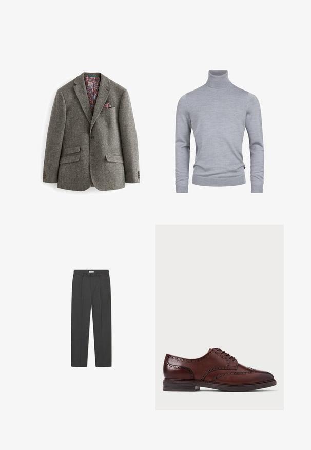 Blazer gris de espiga con dos bolsillos frontales, un cierre de botón simple y un forro de color burdeos con patrón floral, que incluye un pañuelo de bolsillo.; Suéter gris de cuello tortuga hecho de un suave tejido de punto. Cuenta con mangas largas y un diseño ajustado con puños y dobladillo acanalados. Textura simple y suave.; Pantalones grises a medida con un sutil patrón de cuadro, tejido texturizado y pliegues delanteros, presentando una cinturilla con pasadores para cinturón.; Zapato brogue de cuero marrón con diseño de puntera alada, detalles perforados y suela oscura, mostrado en perfil lateral sobre fondo blanco.