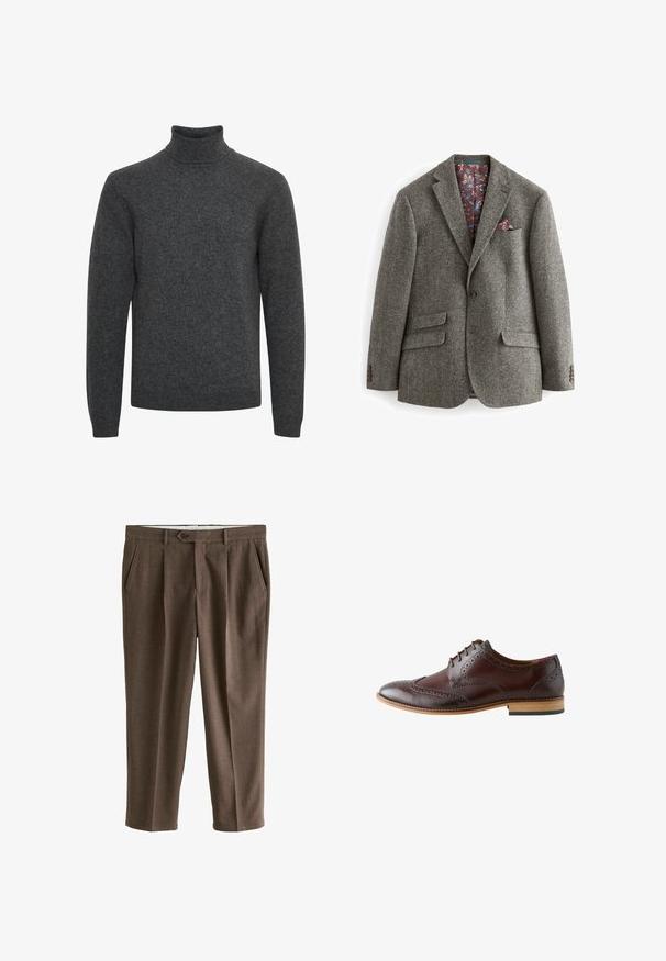 Sivý herringbone blazer s dvoma prednými vreckami, jedným gombíkom na zapínanie a kvetinovým vzorovaním v bordó podšívke, s vreckovým štvrtkom.; Tmavosivý rolák s dlhým rukávom s rebrovaným golierom, manžetami a lemom, vyrobený z mäkkého pleteného materiálu.; Hnedé textúrované nohavice na mieru s gombíkovým zapínaním, prednými záhybmi a bočnými vreckami, zobrazené na bielom pozadí.; Tmavohnedá kožená brogue spoločenská obuv s detailmi wingtip, uzatvoreným šnurovaním a svetlou drevenou podrážkou, pohľad z vonkajšej strany.