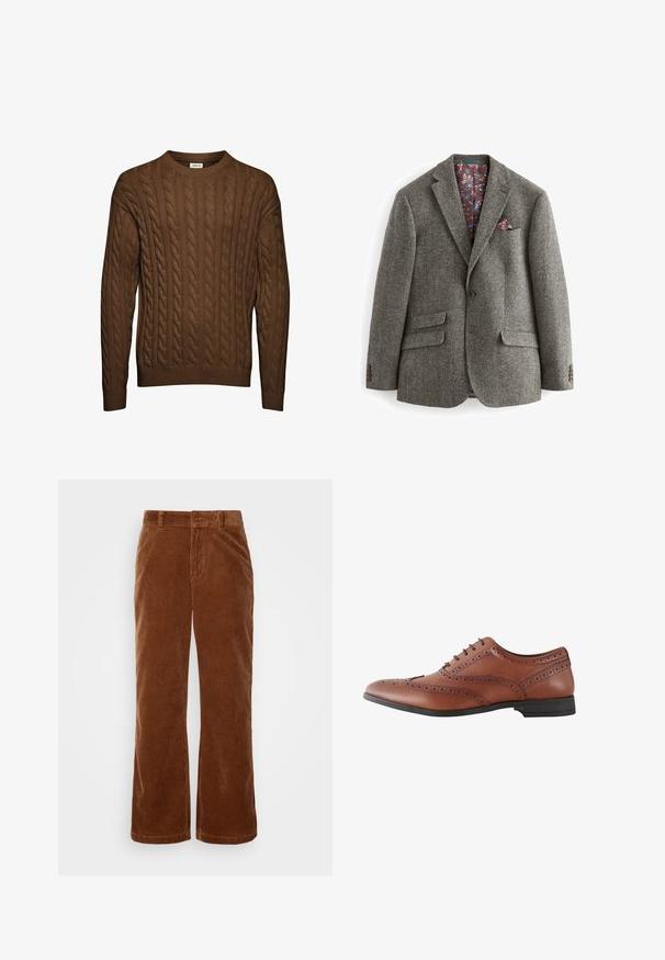 Sivý herringbone blazer s dvoma prednými vreckami, jedným gombíkom na zapínanie a kvetinovým vzorovaním v bordó podšívke, s vreckovým štvrtkom.; Hnedý pletený sveter so vzorom, s dlhými rukávmi, rebrovanými manžetami a spodným lemom a okrúhlym výstrihom, zobrazený na bielom pozadí.; Hnedé kordové nohavice so širokým strihom, s vertikálnou rebrovou textúrou, s gombíkovým zapínaním a štandardnými pútkami na opasok.; Hnedá kožená pánska brogue obuv s ozdobnými perforáciami a čiernou podrážkou, zobrazená z bočného pohľadu.