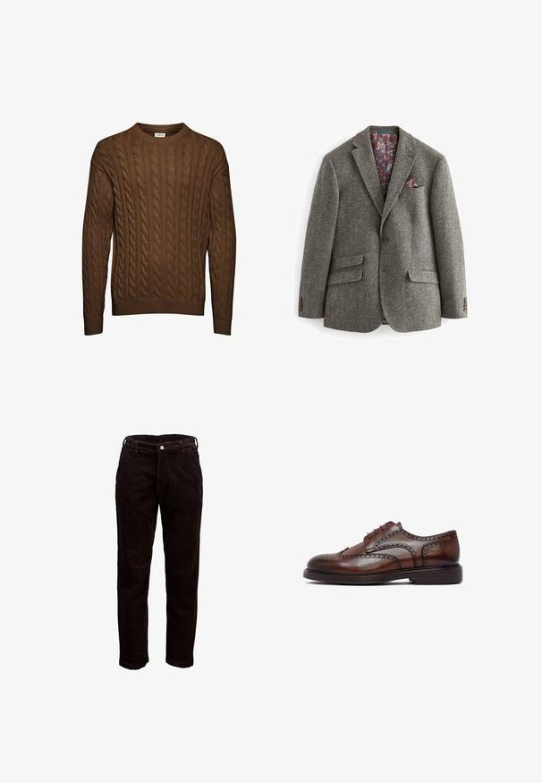 Grå herringbone blazer med to frontlommer, en enkelt knaplukning og en blomsterpræget burgunderforing, som har et lommetørklæde.; Brun kabelstrikket sweater med lange ærmer, ribbet manchetter og kant, samt rund halsudskæring, vist mod hvid baggrund.; Herre sorte kordfløjlsbukser med bæltestropper, forreste knap og sidelommer, vist mod en hvid baggrund.; Brune læder brogue sko med perforerede detaljer og sorte snørebånd, vist i sideprofil på hvid baggrund.