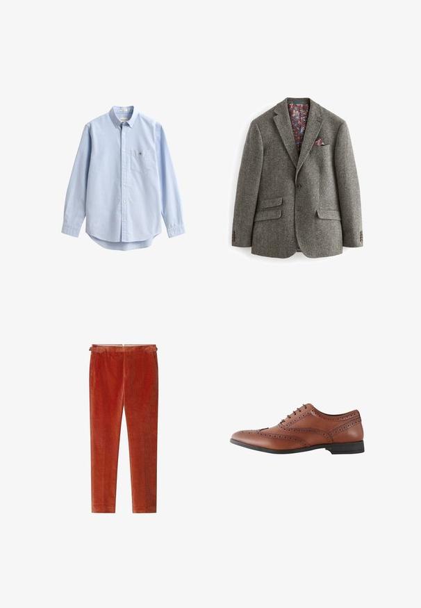 Sivý herringbone blazer s dvoma prednými vreckami, jedným gombíkom na zapínanie a kvetinovým vzorovaním v bordó podšívke, s vreckovým štvrtkom.; Svetlomodrá košeľa na zapínanie vyrobená z bavlny. Má náprsné vrecko, dlhé rukávy a klasický golier. Hladká textúra s zaobleným spodným okrajom.; Hnedé kordové nohavice s rovnými nohavicami, jemnou textúrou, pútkami na opasok a hladkým povrchom.; Hnedá kožená pánska brogue obuv s ozdobnými perforáciami a čiernou podrážkou, zobrazená z bočného pohľadu.