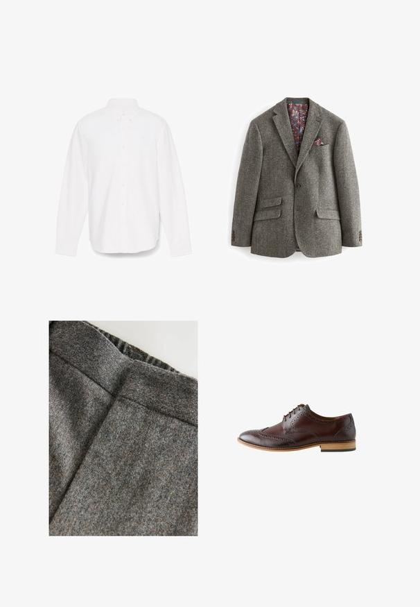 Grå herringbone blazer med to frontlommer, en enkelt knaplukning og en blomsterpræget burgunderforing, som har et lommetørklæde.; Hvid langærmet skjorte med knapper og spidse kraver, enkelt lomme og subtilt tekstureret stof. Har knapmanchetter og lige kant.; Grå uldblandingsbukser med en glat tekstur, der har en bred talje og en ren, klassisk pasform. Subtile farveprikker er til stede.; Mørkebrun læder brogue festsko med wingtip-detaljer, lukket snørebinding og lystræsål, set fra ydersiden.