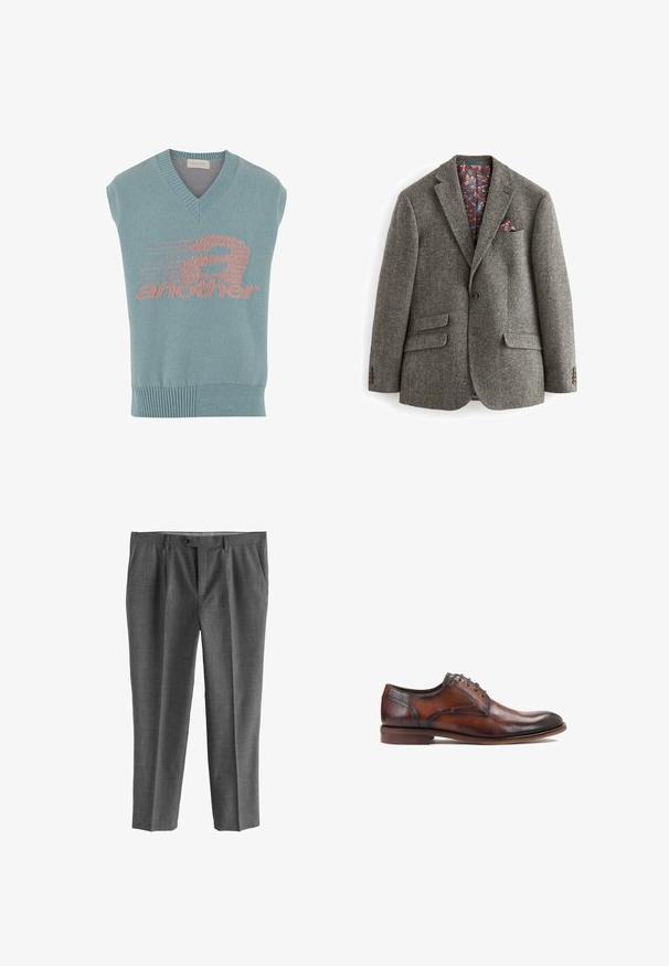 Blazer gris de espiga con dos bolsillos frontales, un cierre de botón simple y un forro de color burdeos con patrón floral, que incluye un pañuelo de bolsillo.; Chaleco de punto sin mangas en azul claro con escote en V, que presenta un diseño gráfico en rosa con la palabra "another" y un motivo de velocidad. Ribete acanalado.; Pantalones grises hechos de tela texturizada, con diseño de pierna recta, bolsillos delanteros y cierre de botón.; Zapato de vestir de cuero marrón con una textura suave, diseño de cordones, punta redonda y acentos oscuros contrastantes en el talón y la costura.