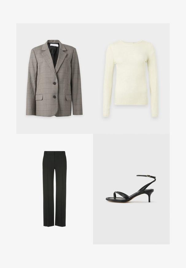 Blazer a cuadros gris y negro con solapas de muesca, dos botones delanteros, bolsillos con solapa y forro interior negro.; Camiseta de manga larga en tela suave de color amarillo claro. Presenta un cuello redondo y un ajuste ceñido, con una textura suave y detalles mínimos de costura.; Pantalones negros de pierna recta hechos de tela lisa, con un frente plano, líneas de pliegue sutiles y sin herrajes ni detalles visibles.; Sandalia negra de cuero para mujer con tiras finas, un lazo para el dedo del pie, hebilla en el tobillo y tacón de aguja de altura media sobre un fondo neutro.