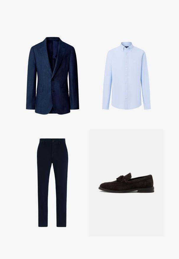 Marineblauw herenjasje met inkeping revers, twee knopen aan de voorkant, klepzakken en een enkele borstzak, gemaakt van gestructureerde stof.; Lichtblauw overhemd met lange mouwen, knopen, een button-down kraag en een subtiel logo op de linkerborst.; Marineblauwe chino's gemaakt van een zachte, duurzame stof. Voorzien van een knoopsluiting, riemlussen en een recht gesneden ontwerp. Geen zichtbare patronen.; Donkerbruine suède herensloffer met kwastjes, gestikte details en lage hak, zijaanzicht op een effen achtergrond.