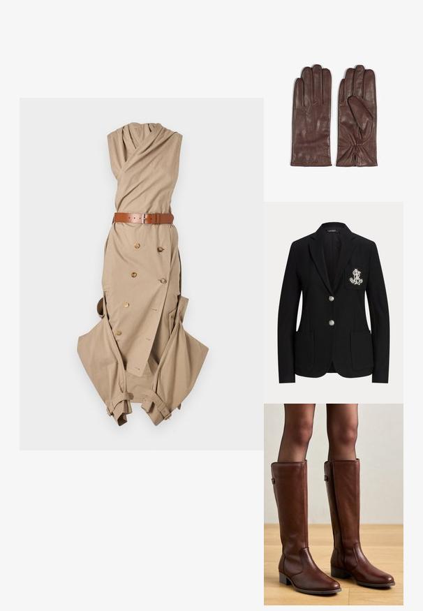 Blazer noir cintré avec deux boutons argentés, poches plaquées et un monogramme blanc brodé sur la poche poitrine gauche.; Robe cache-coeur beige avec un col froncé, une ceinture avec boucle en argent, un détail de boutons croisés, et des manches amples.; Anna Field by Zalando LEATHER - Bottes - brown; Gants en cuir marron avec une texture lisse. Les caractéristiques incluent cinq doigts, des coutures subtiles à l'arrière et des détails froncés au niveau du poignet.