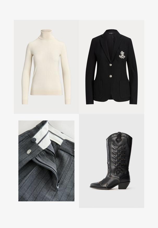 Schwarzer maßgeschneiderter Blazer mit zwei silbernen Knöpfen, Pattentaschen und einem bestickten weißen Monogramm auf der linken Brusttasche.; Cremfarbener Rollkragenpullover aus weichem Stoff, mit langen Ärmeln und tailliertem Design. Mit kleinem goldenen Logo am Saum.; Next PETITE FIT - STRIPED STRAIGHT - Stoffhose - grey; Schwarzer Cowboystiefel aus Leder mit goldfarbenen Nieten, spitzer Spitze, dekorativer Naht und kurzem Blockabsatz. Prägung mit Blattmuster am Schaft.