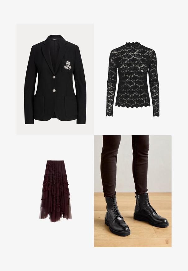 Zwarte op maat gemaakte blazer met twee zilveren knopen, opgestikte zakken en een wit geborduurd monogram op de linkerborstzak.; Zwarte kanten top met lange mouwen en hoge hals, bloemenpatroon, gekartelde randen en transparante textuur.; Bordeaux tulle rok met gerimpelde lagen, elastische tailleband en variërende lengtes, met een zachte, lichte textuur.; Zwarte leren enkellaarsjes met brogue-details, een vetersluiting aan de voorkant, ritsen aan de zijkant en gestructureerde rubberen zolen. Gecombineerd met donkere slim-fit broek.