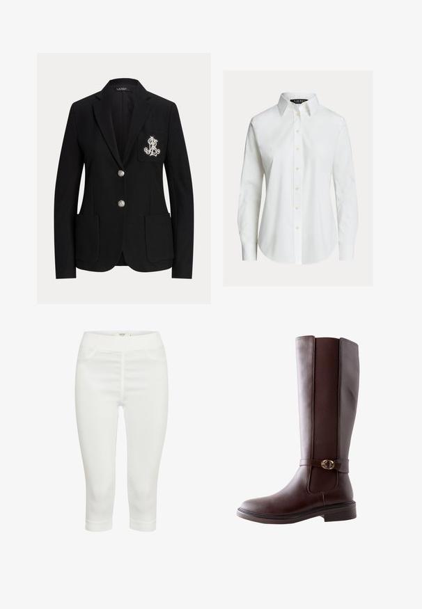 Zwarte op maat gemaakte blazer met twee zilveren knopen, opgestikte zakken en een wit geborduurd monogram op de linkerborstzak.; Witte overhemd met lange mouwen, knopen aan de voorkant, puntige kraag en licht gebogen zoom.; Witte capri-broeken van rekbaar materiaal, met een gladde textuur, twee voorkwalme zakken en een comfortabele elastische tailleband.; Next STANDARD FIT - FOREVER COMFORT ROUND BUCKLE DETAIL - Laarzen - new chocolate brown