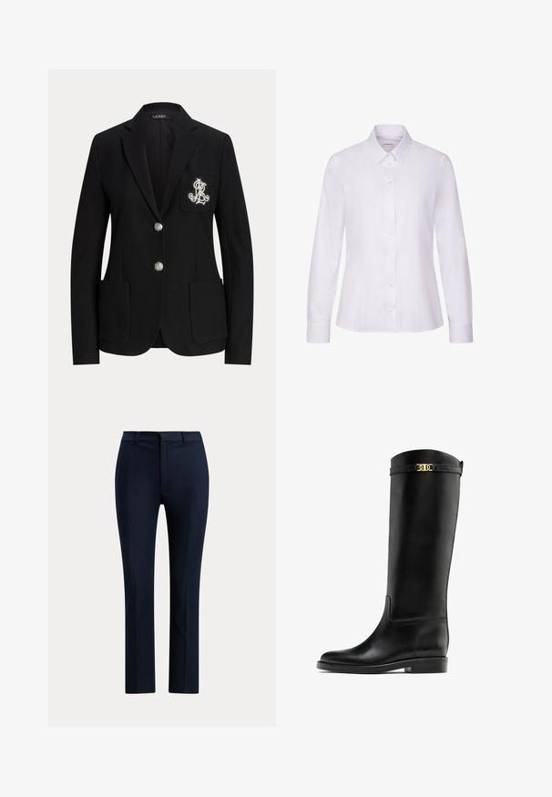 Zwarte op maat gemaakte blazer met twee zilveren knopen, opgestikte zakken en een wit geborduurd monogram op de linkerborstzak.; Witte blouse met lange mouwen, knoopsluiting en puntkraag, met getailleerde naden voor een slank silhouet.; Marineblauwe, op maat gemaakte pantalon met rechte pijpen, riemlussen en een voorritssluiting.; Knielange zwarte leren laars met een gladde textuur, vlakke zool en een gouden accentriem aan de bovenkant. Klassiek en gestroomlijnd ontwerp.