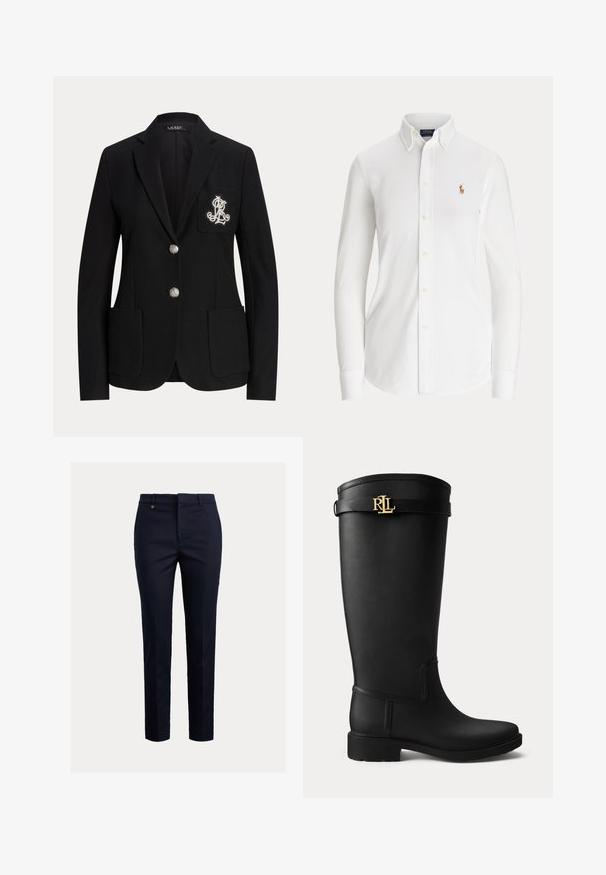 Sort skræddersyet blazer med to sølvknapper, laplommer og et hvidt broderet monogram på venstre brystlomme.; Hvid skjorte med lange ærmer og knapper, med knaplukket krave og lille broderet polo-spillerlogo på brystet.; Marineblå chinos lavet af bomuldsblanding med et tilspidset fit, flad front, sidelommer og en enkelt baglomme; har et lille guldlogo.; Sort knæhøj gummistøvle med lav hæl og en guldfarvet RLL-logo spænde nær toppen på en ensartet lys baggrund.