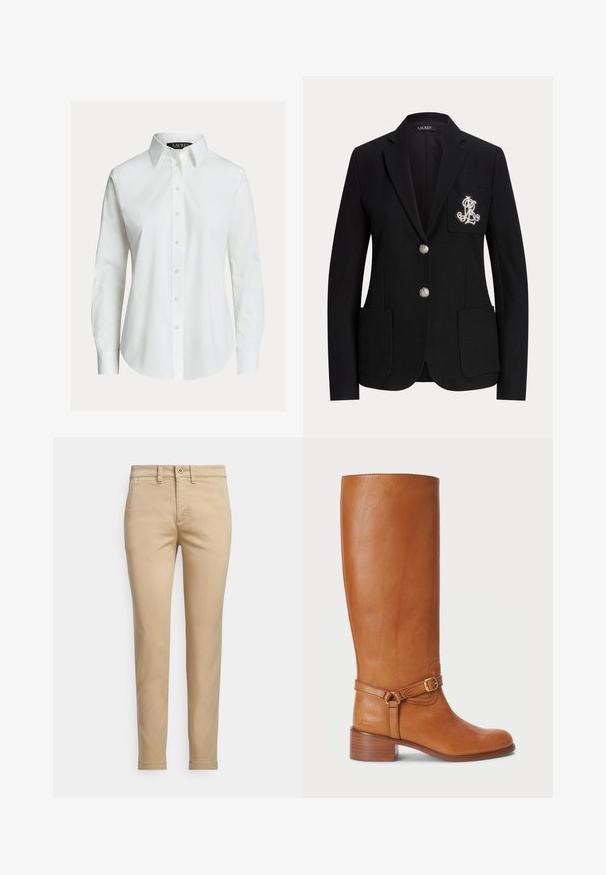Sort skræddersyet blazer med to sølvknapper, laplommer og et hvidt broderet monogram på venstre brystlomme.; Hvid skjorte med lange ærmer, knapper foran, spids krave og let buet kant.; Beige bomuldschinos med lige pasform, der har knaplukning, forlommer og syningsdetaljer langs sømmene.; Høje brune læderstøvler med en glat overflade, udstyret med en sidelukning og en stablet hæl. Overdelen har et rent, udekoreret design.