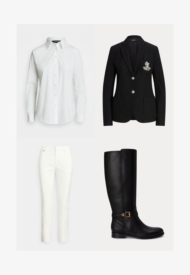 Zwarte op maat gemaakte blazer met twee zilveren knopen, opgestikte zakken en een wit geborduurd monogram op de linkerborstzak.; Witte lange mouwen button-up blouse van katoen. Bevat een klassieke kraag, zeven knopen en een subtiele logo geborduurd op de borst.; Witte, op maat gemaakte broek met een slanke pasvorm, met een gladde textuur, riemlussen en een klein gouden metalen detail. Geen zichtbare zakken.; Zwarte kniehoge leren laars met lage hak, gouden gesp en klein reliëflogo op de zijriem.