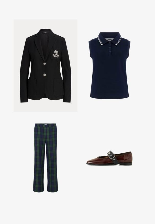 Sort skræddersyet blazer med to sølvknapper, laplommer og et hvidt broderet monogram på venstre brystlomme.; Mørkeblå ærmeløs polotrøje med tre knapper og krave med hvide striber samt teksten "GUESS" på den ene side.; Grønne og marineblå ternede bukser med lige ben-design og elastisk talje. Stoffet har en blød tekstur og prydes af et klassisk ternet mønster.; Bordeaux læder balletflade med en sort spænde og en rund tå, med en lav hæl og tekstureret finish.