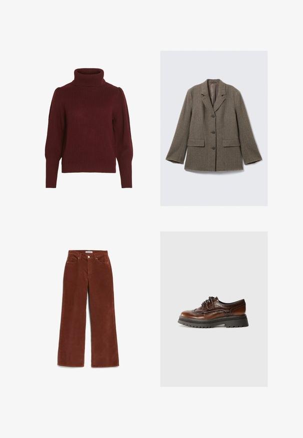 Blazer en chevron brun avec revers crantés, fermeture à trois boutons, deux poches avant et bords effilochés. Tissu en mélange de coton et laine.; Pull en tricot bordeaux avec un col montant, texture côtelée, manches longues et détails froncés sur les épaules.; Pantalon large en velours côtelé marron avec bouton devant et poches, présenté à plat sur fond blanc.; Chaussure en cuir marron à lacets avec des détails en brogue, semelle en caoutchouc et plateforme texturée noire contrastante. Fini lisse avec un design classique.