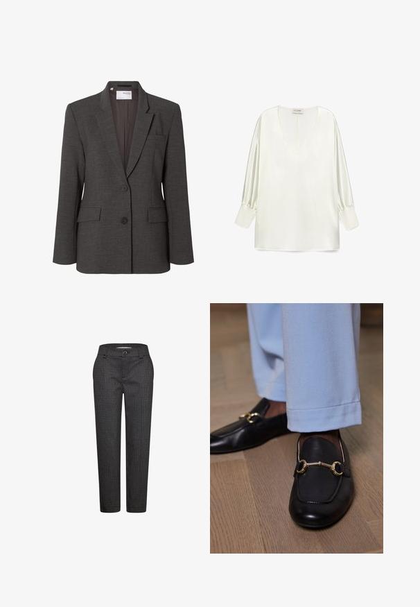 Donkergrijze, getailleerde damesblazer met twee knopen, een ingezette reverskraag en voorzakken met kleppen, weergegeven op een witte achtergrond.; Witte satijnen blouse met een diepe V-hals, lange pofmouwen en een rechte zoom. De stof heeft een gladde, glanzende textuur.; Donkergrijze op maat gemaakte nette broek met subtiel ruitpatroon, voorzijde met knoop- en ritssluiting, riemlussen en rechte pijpen.; Zwarte leren loafers met gouden metalen detail, gedragen met lichtblauwe broek op een houten vloer.