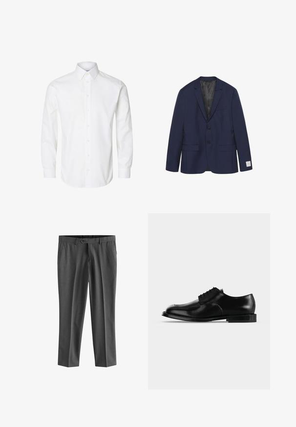 Marineblå to-knaps blazer med hakket revers, to forlommer med klap, brystlomme og sort inderfoer.; Hvid skjorte med lange ærmer, knapper foran, spids krave og knappede manchetter.; Next REGULAR FIT - Habitbukser - charcoal grey; Sort lædersko til mænd med snørebånd, glat finish og lav hæl, vist i sideprofil på en ensartet lys baggrund.